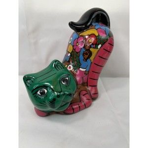 Mexican Folk Art Pottery‎ CAT Figurine Scene of People Celebrating Hand Painted